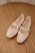 Mirielle Embroided Ribbon Flats in Cream
